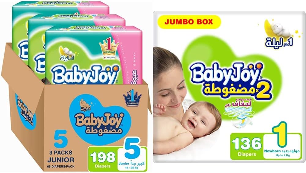 Baby Joy Diaper Size 1 - 136 Diapers + Size 5 - 198 Diapers