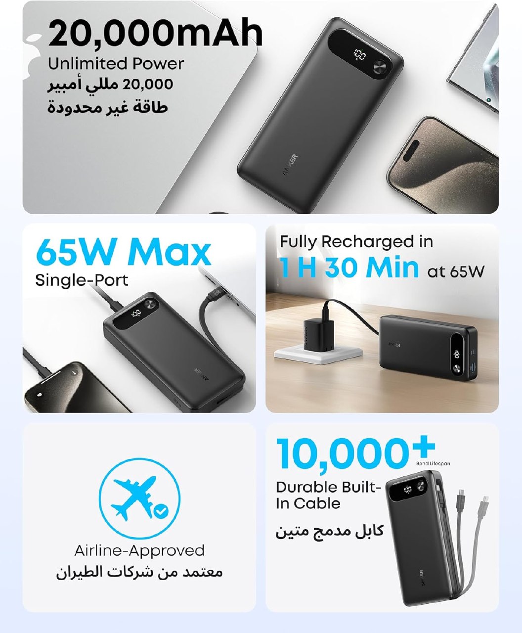 باور بانك 20 أمبير مع كيبل USB-C مدمج بقدرة 87 واط لأجهزة من انكر