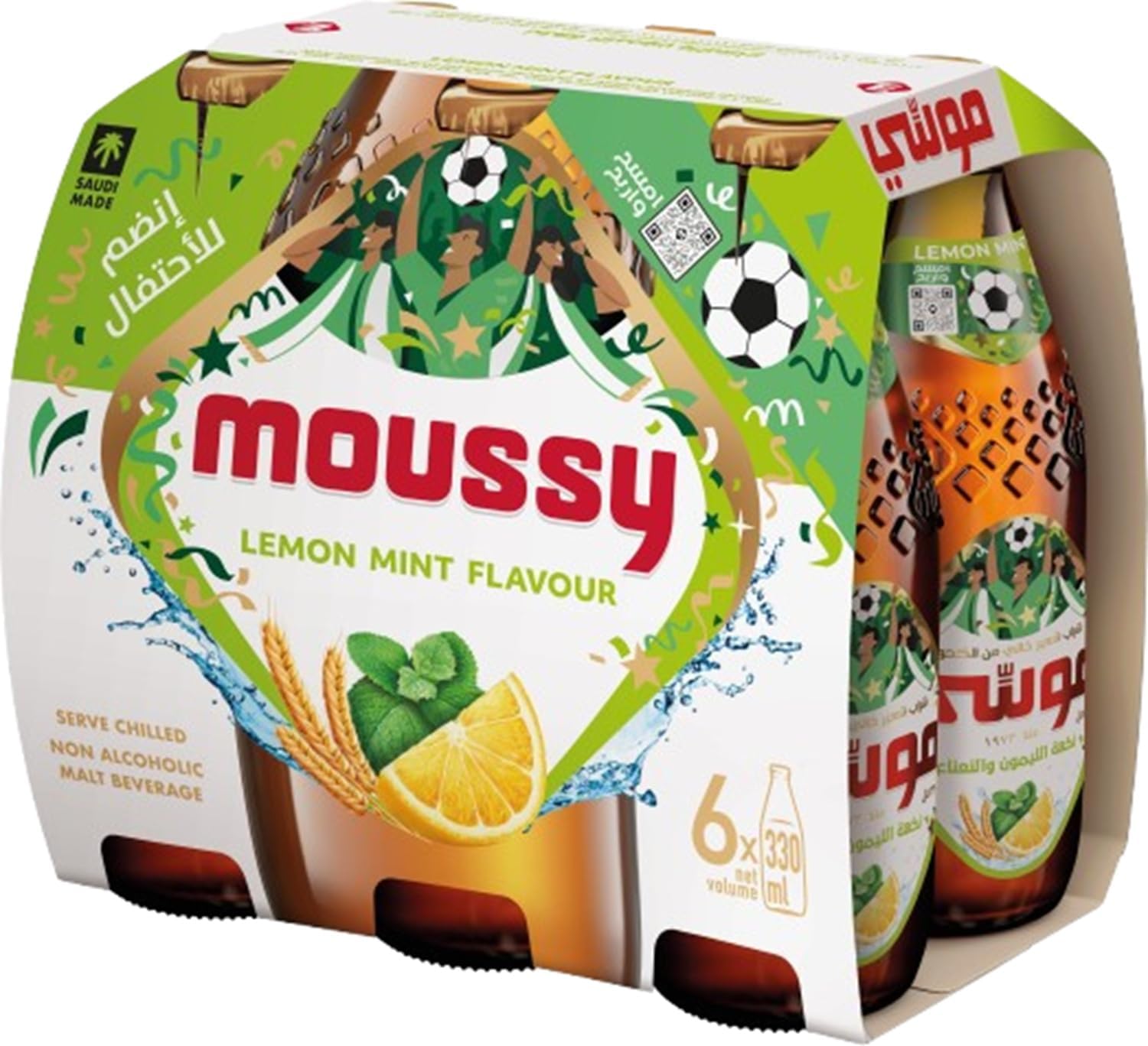 Moussy malt beer, pack of 6 bottles x 330 ml, lemon mint flavour