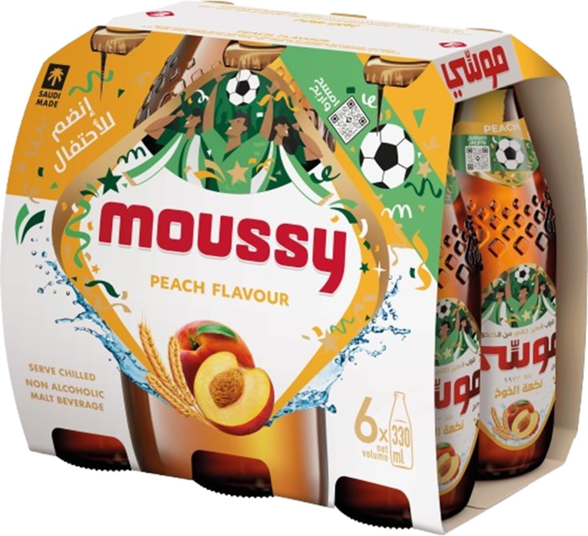 Moussy malt beer, pack of 6 bottles x 330 ml, peach flavour