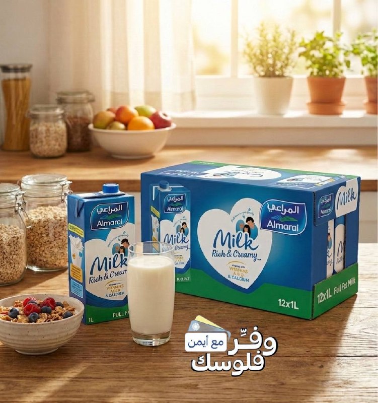 حليب كامل الدسم من المراعي، 12 × 1 لتر