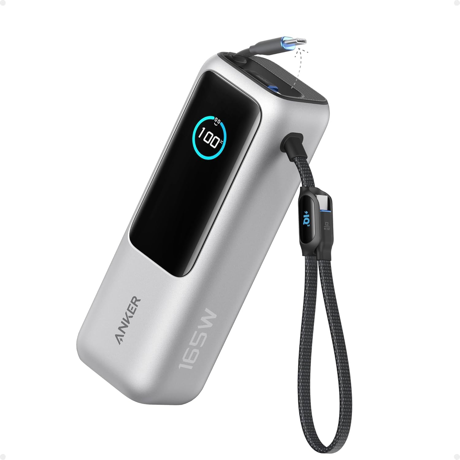 Anker power bank 250 mAh 165 watts fast charging with built-in and retractable cables, silver