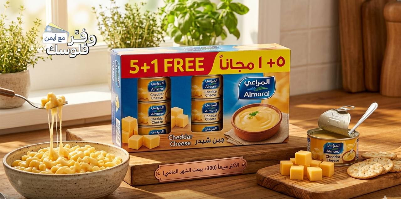 جبن شيدر كاملة الدسم من المراعي 5 علب + 1 مجانًا 56 جم